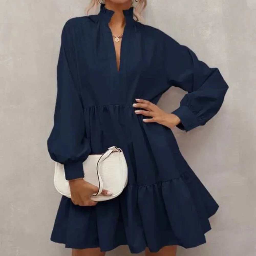 Navy Blue Babydoll Mini Long sleeved Dress - Picture 1 of 7